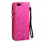 Wholesale iPhone 6 4.7 Diamond Flip PU Leather Wallet Case with Strap (Hot Pink)